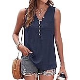 WNEEDU Summer Tank Tops for Women V Neck Tunic Tops Sleeveless Loose Fit T-Shirt with Pocket