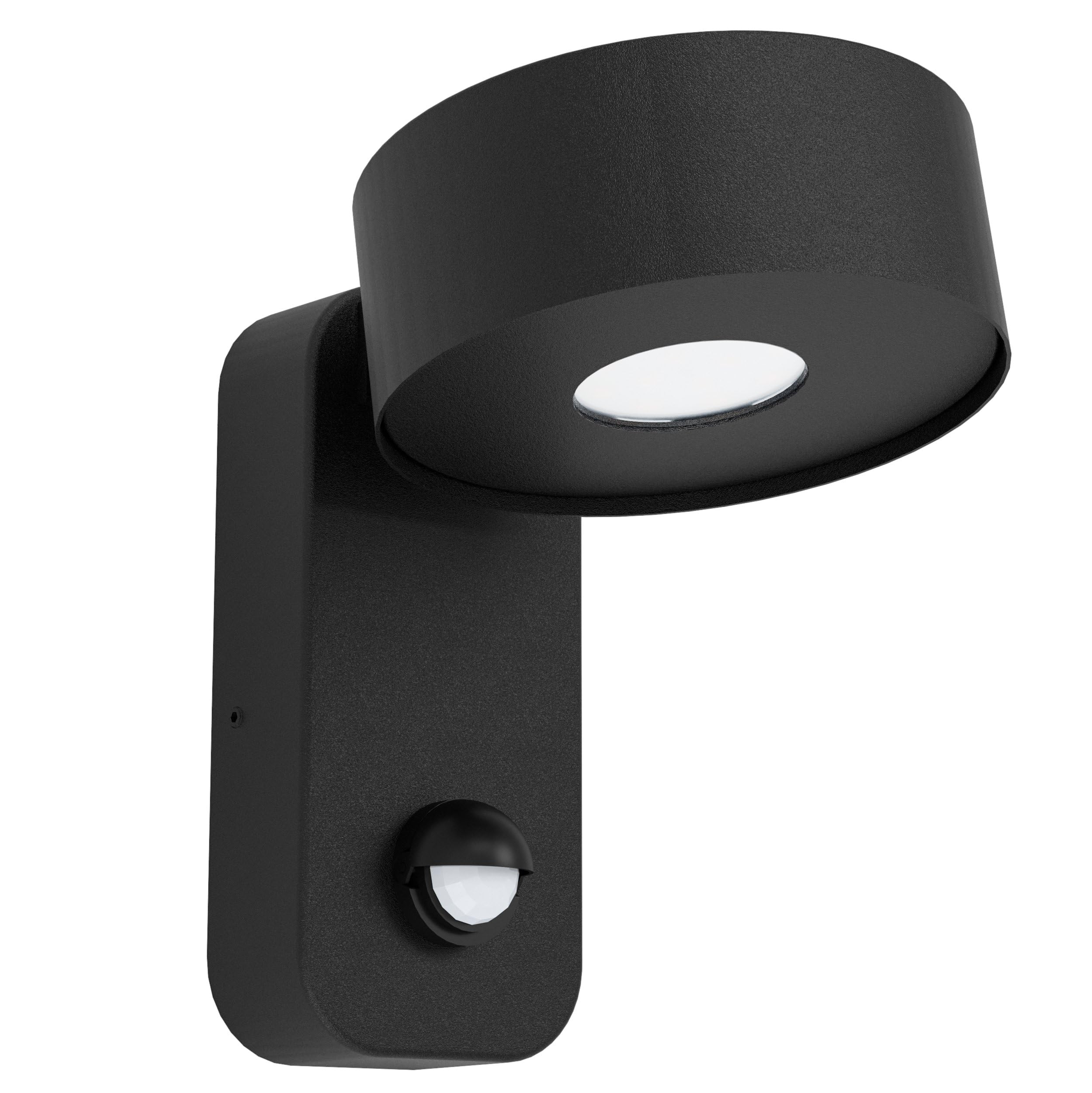 EGLO Palosco LED Outdoor Wall Light, 1-Bulb Outdoor Light with Motion Sensor and Light Sensor, Wall Light Made of Galvanised Steel in Black and Plastic in Transparent, LED Outdoor Lamp Warm White,