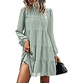 KIRUNDO Long Sleeve Baby Doll Dresses Women 2026 Casual Spring Summer Ruffle Mock Neck Tiered Mini Flowy Swing Shift Dress