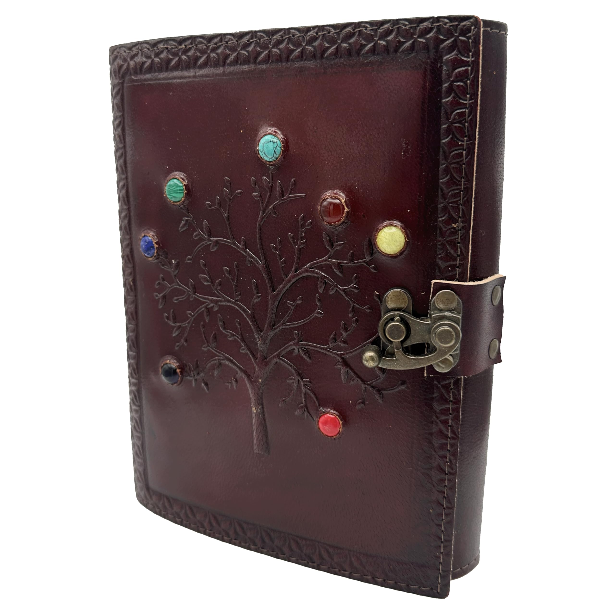 Handmade Leather Grimoire Journal – Spell Book of Shadows for Witchcraft, Wicca, Witch Diary & Notebook – Vintage Blank Journal for Spells and Ritual Notes , 17 x 12 cm (Dark Brown Tree with Stones)