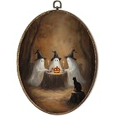 OINDADE Fall Halloween Ghost Oval Wall Art Decor, Vintage Fall Spooky Ghost Wall Art Hanging Decor, Halloween Ghosts Tea Party Autumn Fall Season Framed Canvas Artwork for Living Room Home,8.8x11.5in