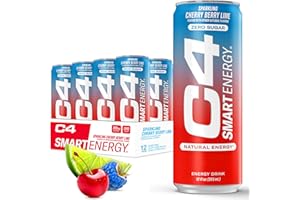 Cellucor C4 Smart Energy Drink – Boost Focus and Energy with Zero Sugar, Natural Energy, and Nootropics - 200mg Caffeine - Cherry Berry Lime (12oz Pack of 12)