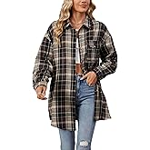 Zontroldy Womens Button Down Flannel Plaid Shirts Mid Long Casual Boyfriend Buffalo Pockets Shirt Jacket Shacket Coat