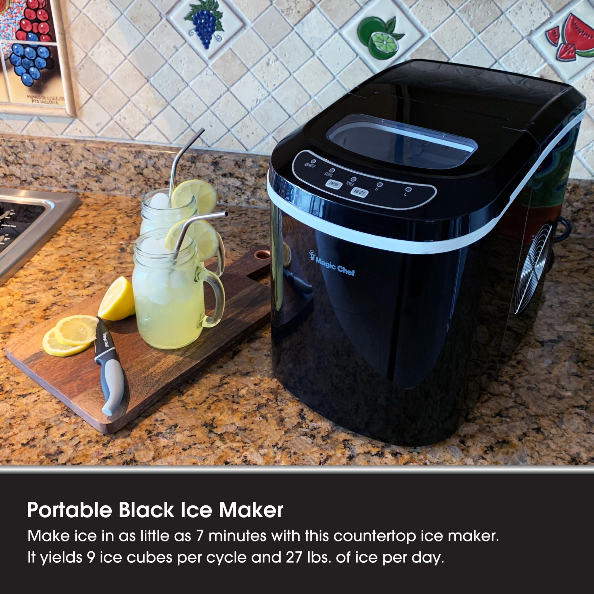 Magic Chef Countertop Ice Maker - Mini Portable Ice Machine - Home Bar Ice Cube Freezer, Makes up to 27 Pounds Per Day, Black