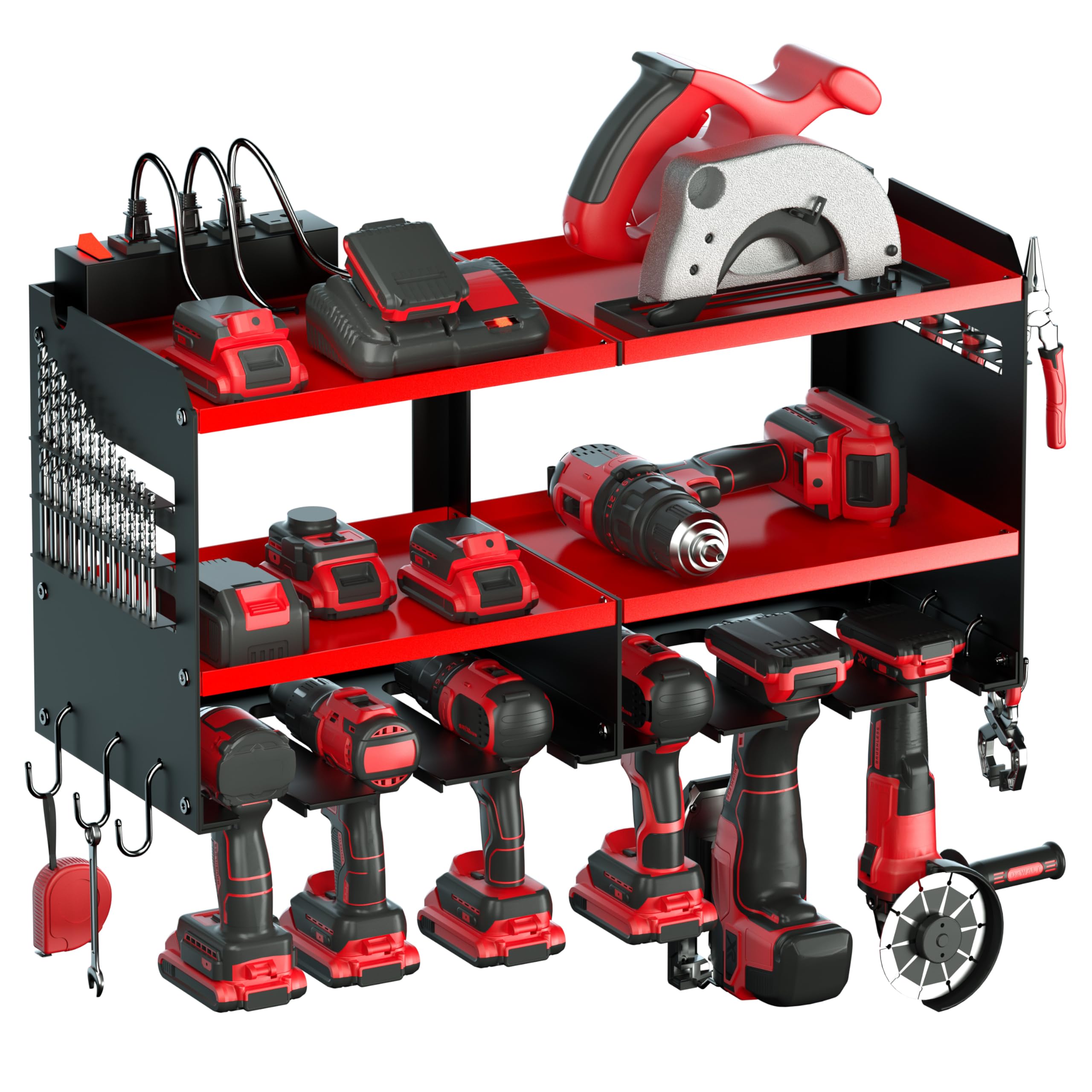 Photo 1 of Spampur Power Tool Organizer with Charging Station, 6 Drill Holders Wall Mount, Heavy Duty Metal Premium Garage Tool Shelf, Gift for Man Cordless Tool Storage Rack with 4 Outlet Power Strip - Red