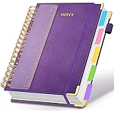 Hardcover Spiral Notebook 8"x10" Journal Notebook with Tabs and Removable Dividers 300 Pages 5 Subject Notebook College Ruled, Faux Leather Spiral Bound Notebook for Women School Work (Purple)