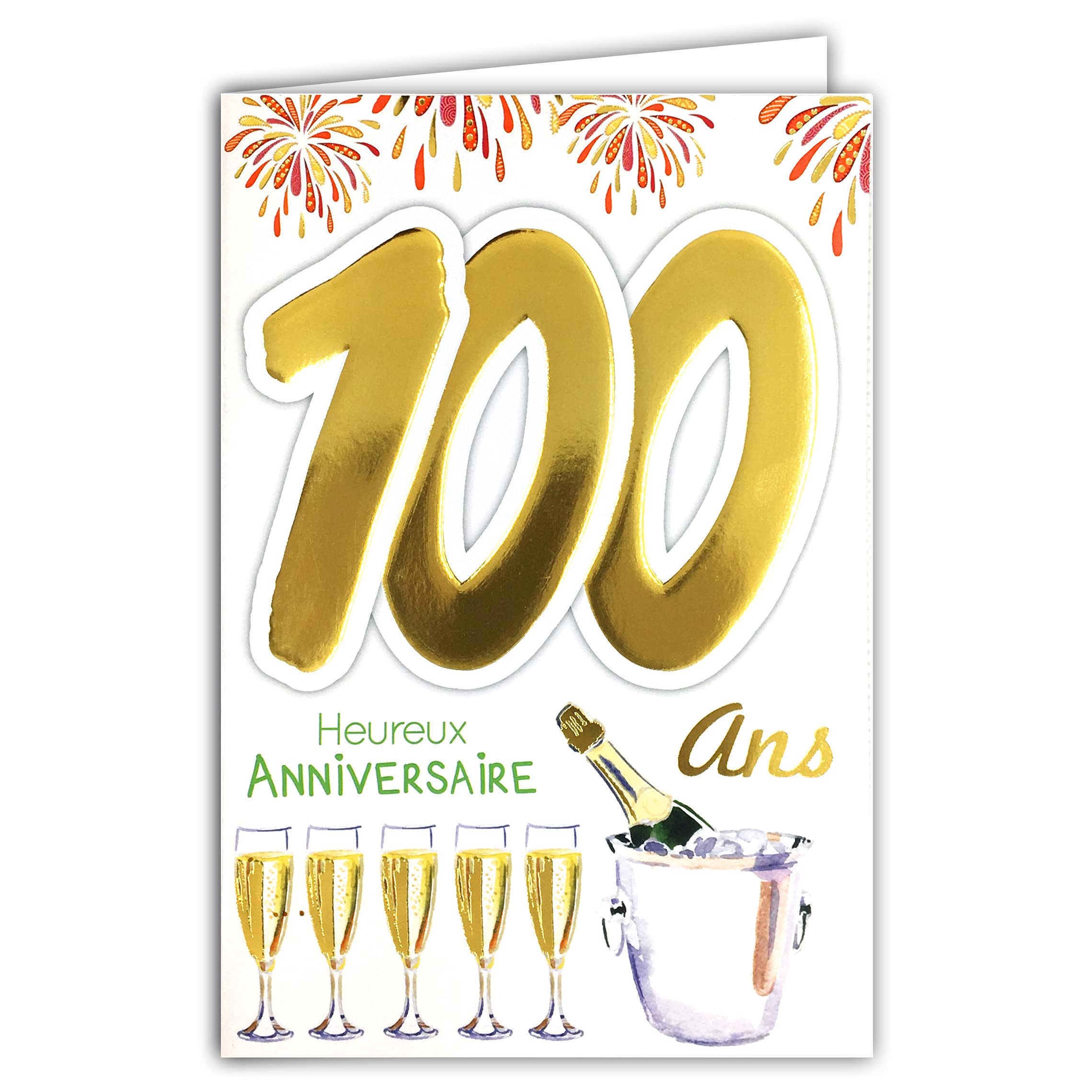 MV 69-2046 Age 100 Birthday Card Man Woman Design Bottle Champagne Flutes Fireworks
