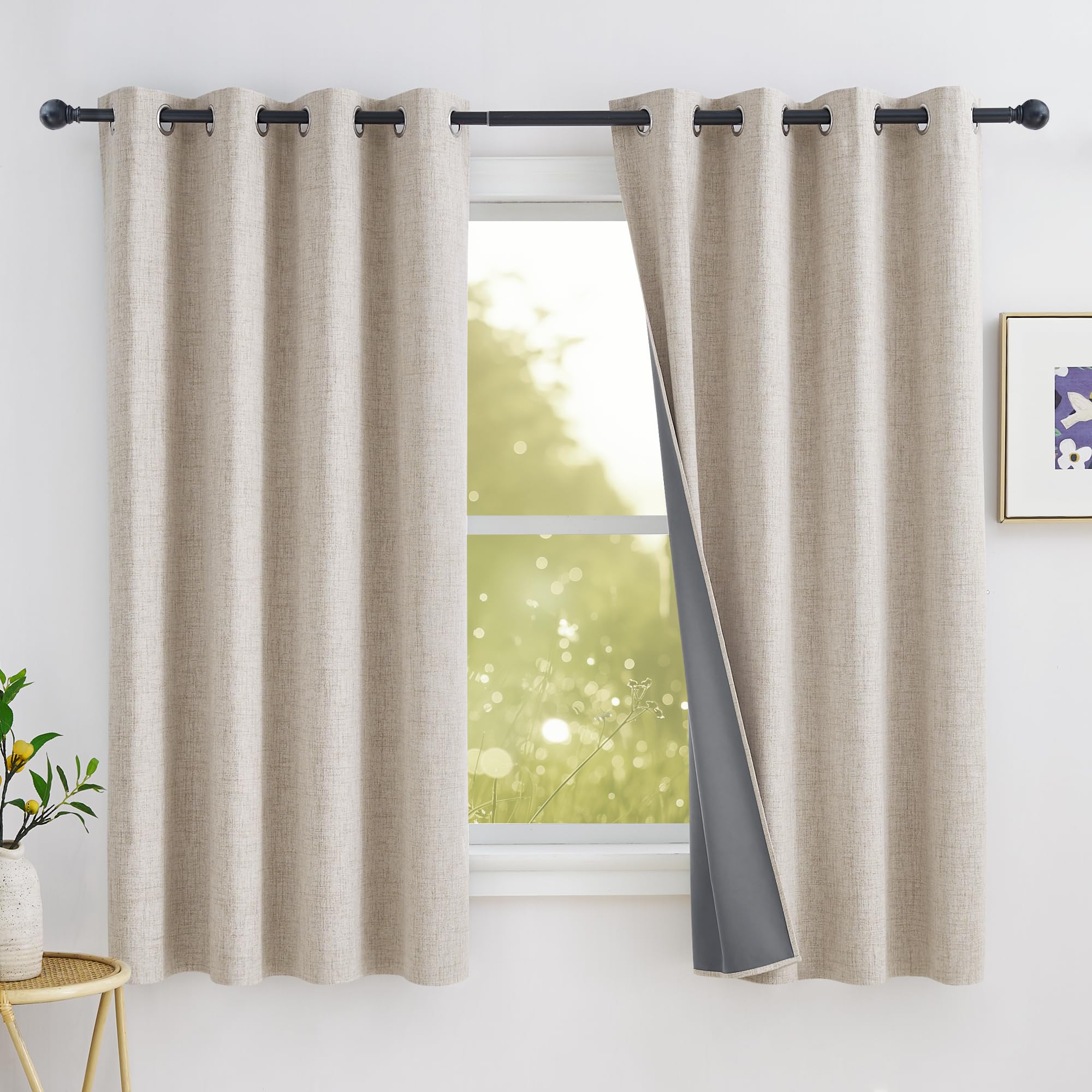 PONY DANCE Full Blackout Linen Curtains for Bedroom- Beige Thermal Insulated Eyelet Curtains with Coating, Room Darkening Window Drapes Noise Reducing Energy Saving for Kids, 52x63 Inches, 2 Panels