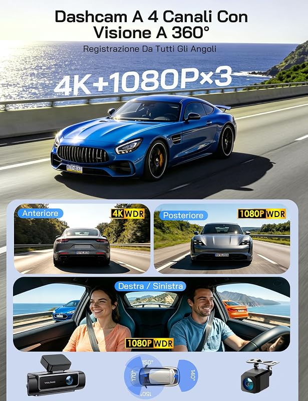 Dash Cam Auto, Dashcam 4 Canali 610° Telecamera Auto 4K Fronte 1080P Retro Interno Laterali, 5.8GHz Wi-Fi, IPS 3.39", Visione Notturna, Monitor di Parcheggio, Sensore G, WDR