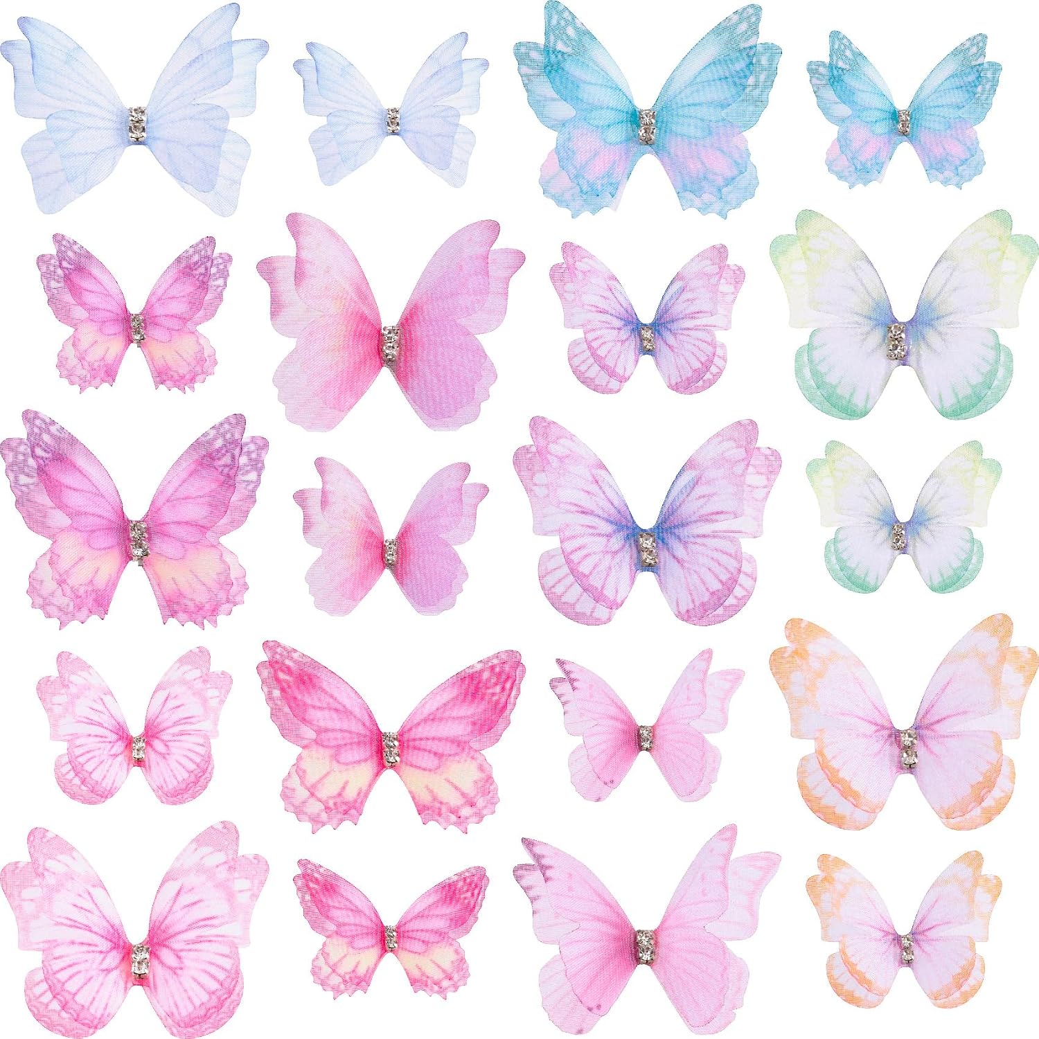 PAGOW 20pcs Mini 3D Butterflies for Crafts, Colorful Double-Layer Organza Fabric Butterflies Decorations, Cute Tiny Butterfly Hair Clips Appliques Accessories for Wedding, Party, Wall Ornament