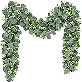 Waipfaru 2Pcs Eucalyptus Garland, 5.9FT Greenery Garland, Green Garland with Flowers, Artificial Faux Silver Dollar Eucalyptus Leaves Vines for Table Home Wedding Mantle Party Indoor Outdoor Decor