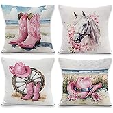 Yorhifa Pink Coastal Cowgirl Throw Pillow Covers 18x18inches Set of 4, Preppy Western Country Girly Decorative Pillowcase Cases, Horse Decor for Girls Room Throw Pillow Covers for College Dorm Decor