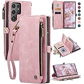 Defencase Compatible with Samsung Galaxy S22 Ultra Case Wallet with RFID Blocking Card Holder for Women Men, PU Leather Magnetic Snap Flip Zipper Strap Phone Case Fit for Galaxy S22 Ultra 5G, Pink