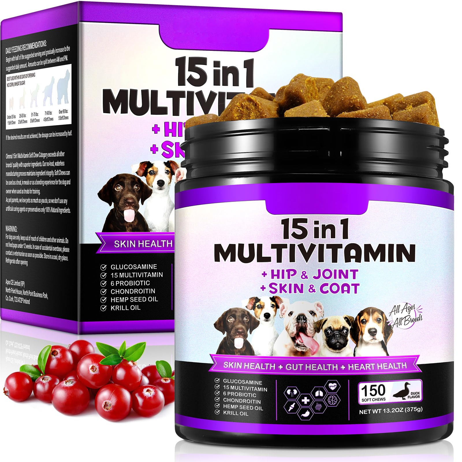 Dog Multivitamin Chewable,15-in-1 Dog Vitamins & Supplements for Dogs, Hip & Joint Supplements, Immune System, Skin & Coat, Gut Health, for All Ages All Breeds(150 Chews Duck Flavor)