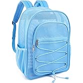 Heavy Duty Mesh Backpack, Semi-transparent Mesh Bookbag, See Through College Backpack with Bungee and Comfort Padded Straps for Commuting, Swimming, Beach, Outdoor Sports (Blue)