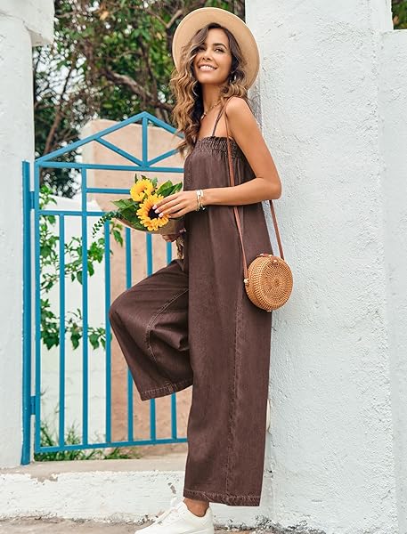ONEDREAMER WOMENS ONE PIECE JUMPSUITS CASUAL SLEEVELESS WIDE LEG DENIM ROMPER LOOSE SPAGHETTI STRAP JUMPSUIT WITH POCKETS, SMALL, BROWN