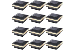 Dynaming 12 Pack Solar Post Lights, Outdoor Solar Powered Decorative Post Cap Light, Black Shell & Warm White LED Lighting for Fence Deck Patio, Only Fit 3.5"x3.5" Wooden Posts