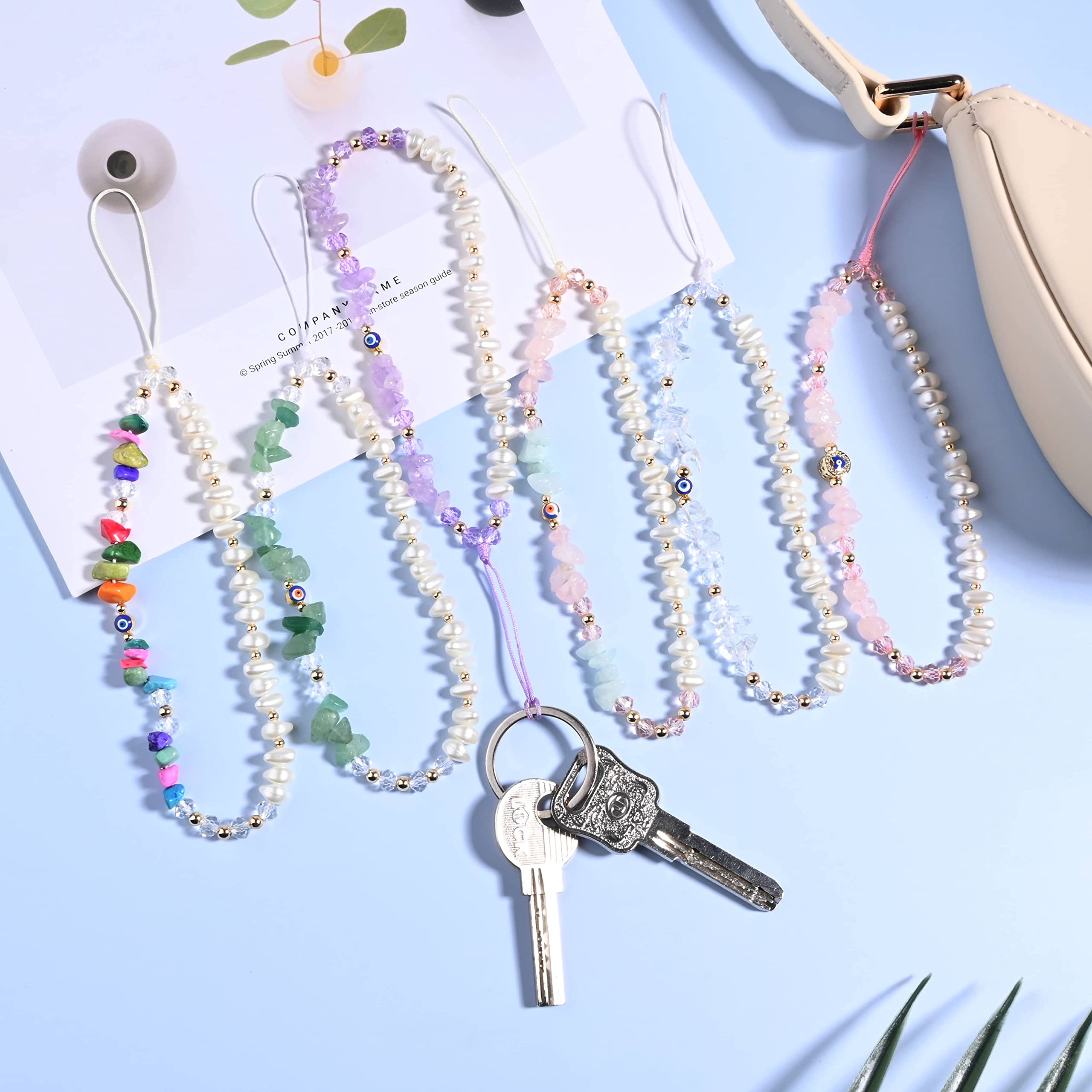 Healing Crystal Phone Charm, Amethyst Rose Quartz Aventurine Natural Stone Strap, Evil Eye Phone Keychain Chain Accessory