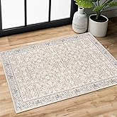 SIILOOM 2x3 Washable Rug Soft Area Rug for Entryway, Grey Begie Non-Slip Indoor Door Mat Distressed Floral Low-Pile Kitchen Rugs, Neutral Vintage Carpet for Entrance Kitchen Bedside Farmhouse