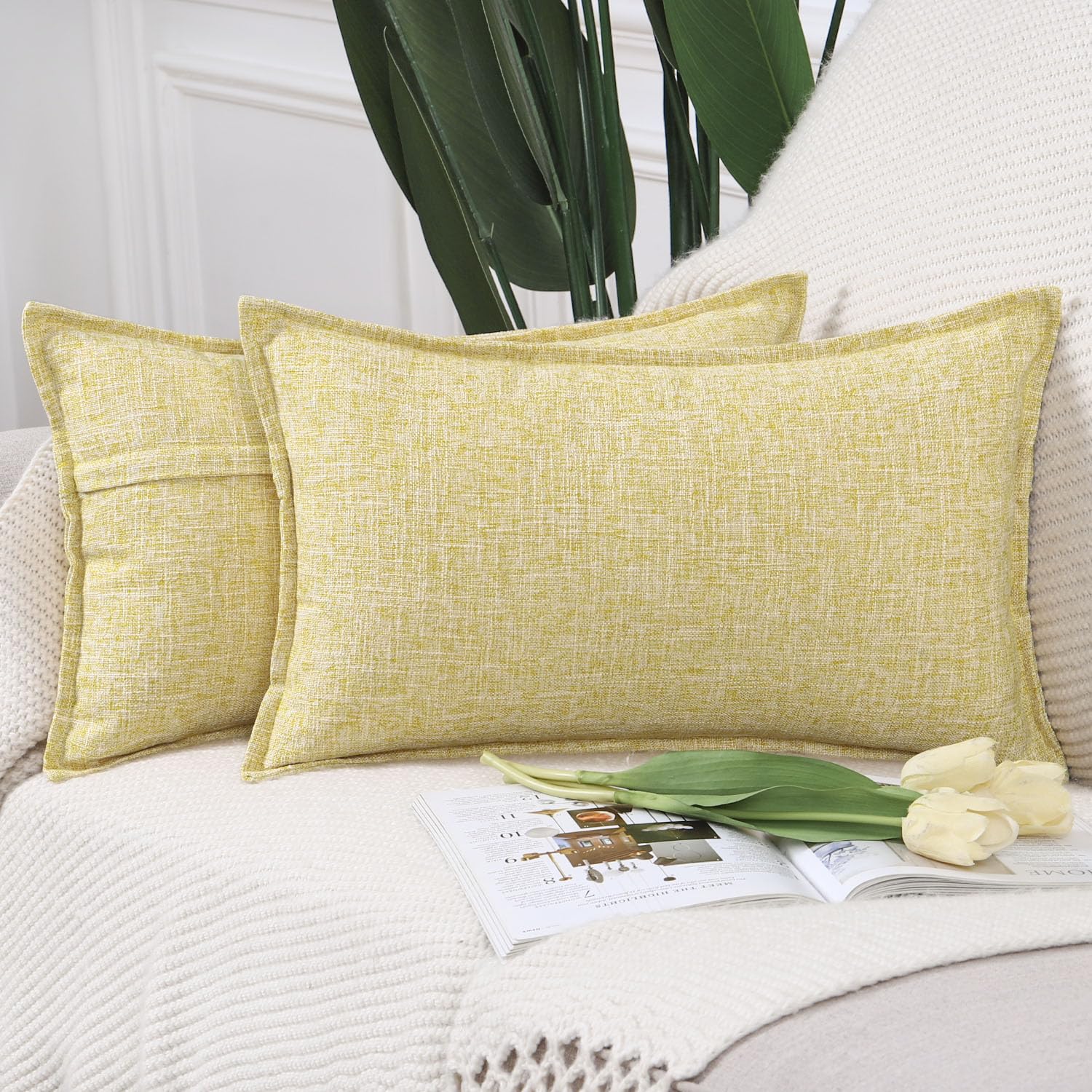 Madizz Set of 2 Faux Linen Cushion Covers 12x20 inch, 30x50 cm, Light Yellow Soft Decorative Couch Pillows for Bed Pillowcases for Sofa Livingroom Home Decor
