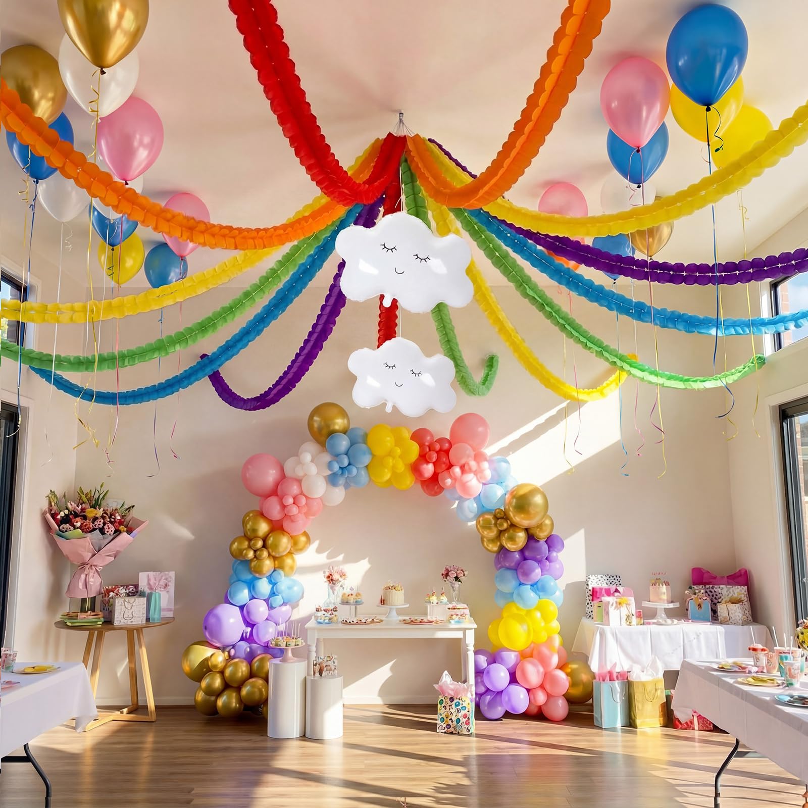 Photo 1 of 19 Pcs Rainbow Ceiling Decoration, Hanging Rainbow Cloud Balloons and 9.84 ft 3D Streamers for Colorful Classroom Birthday Party Theme Party Event Decor Baby Shower Daycare Decorations Supply
