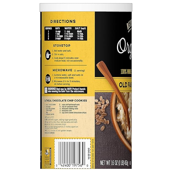 BETTER OATS ORGANIC OLD FASHIONED OATS, ORGANIC ROLLED OATS FOR OVERNIGHT OATS, HOT CEREAL, AND OTHER HOMEMADE OATMEAL RECIPES, CERTIFIED USDA ORGANIC, 16 OZ TUB
