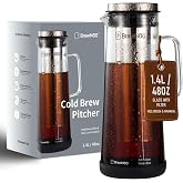 BrewMOO- Airtight Cold Brew Coffee Maker Pitcher, 1.4L/48Oz Thick Glass Carafe with Filter, Comfort Sturdy Handle &amp; Wide Spout, Non-Slip Base | Iced Tea Maker (Black)