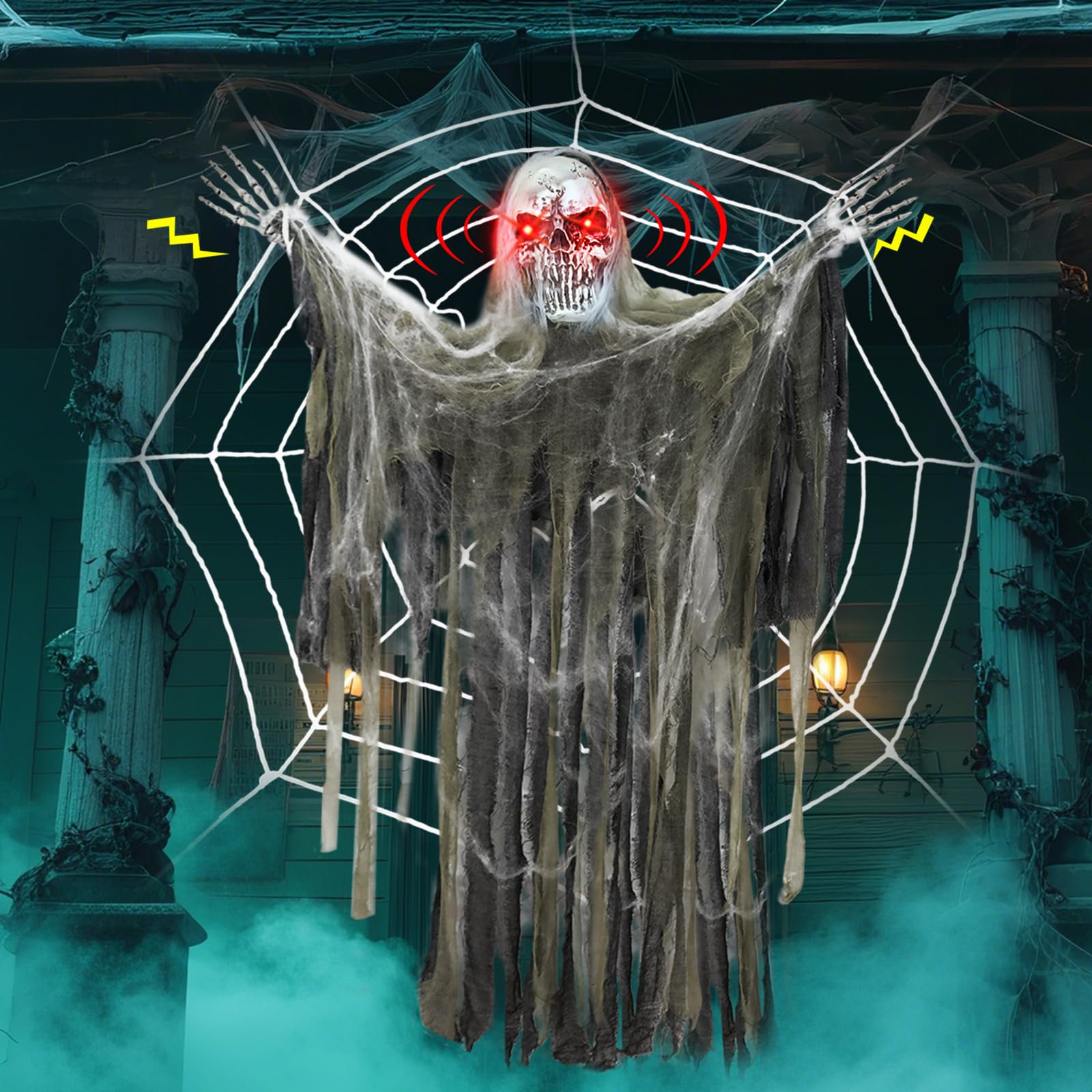 Photo 1 of 66" Halloween Animatronics Skeleton Ghost with Spider Web Hanging Decorations, Sound Activated Flashing Red Eyes & Scary Sounds for Porch, Window, Door, Haunted House Party Decor