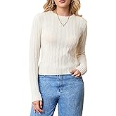 EELOTILE Womens Cashmere Cable Knit Sweaters Lightweight Long Sleeve Crewneck Classic Sweater White