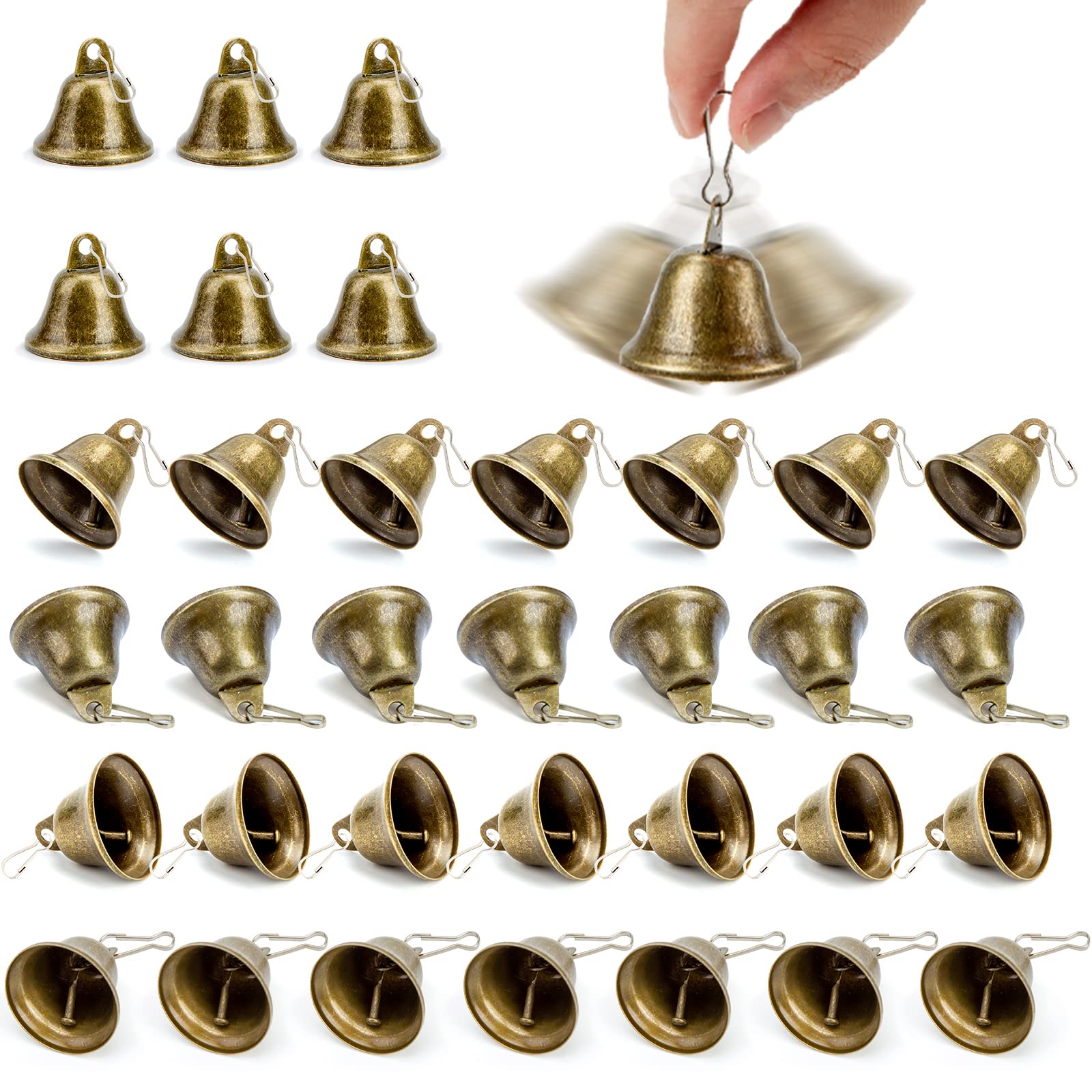 MCPINKY 34PCS Craft Bells, Small Brass Bells with Spring Hooks Hanging for Homes, Wedding Party Decorations, Keychain, Hanging Wind Chimes, 1.7