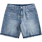 Verdusa Men's Glitter Rhinestone Denim Shorts Frayed Raw Hem Straight Leg Street Jean Shorts