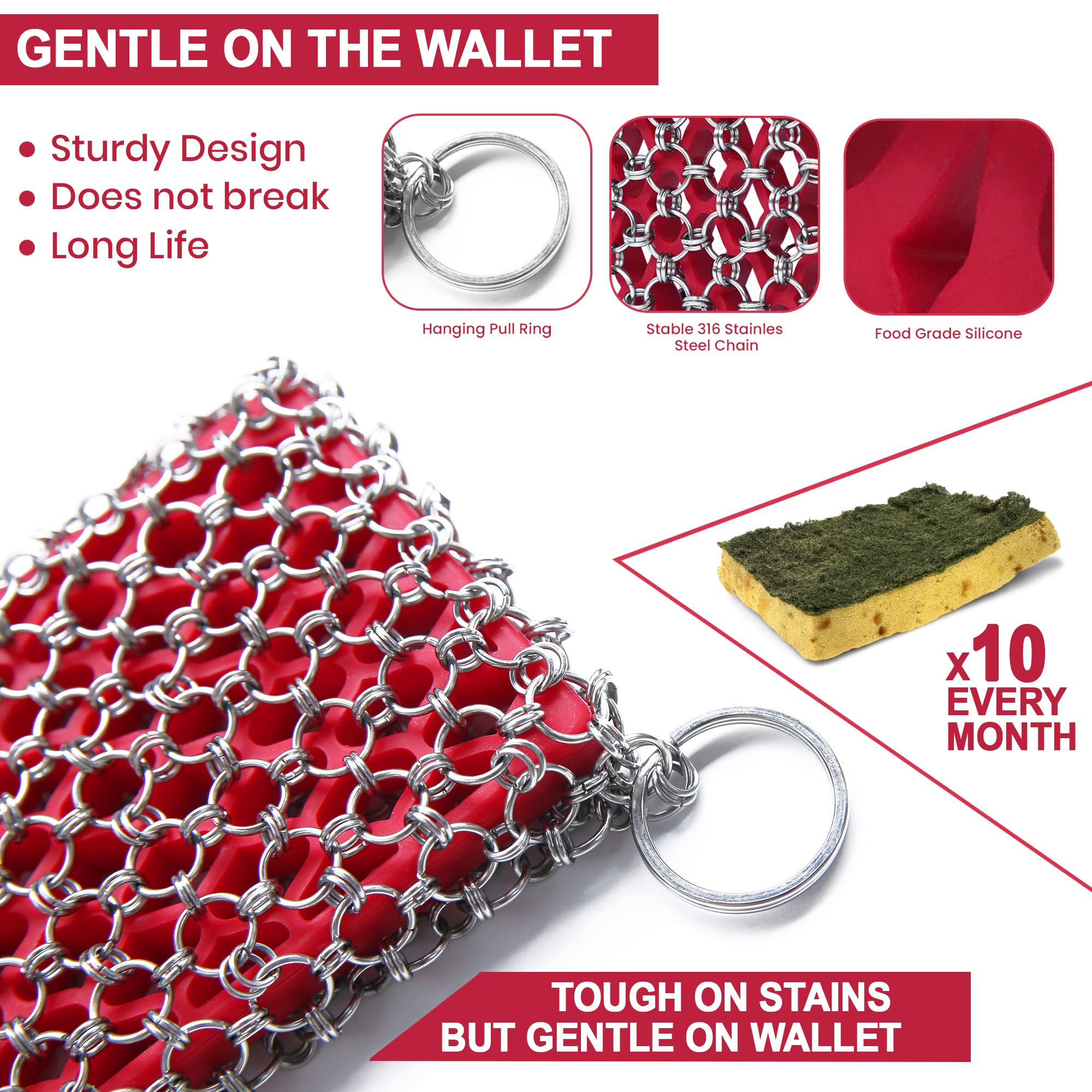 Cast Iron Scrubber Chainmail - 316L Cast Iron Cleaner Scrubber and Bamboo Cloth Set - Chain Mail Scrubber - Stainless Steel Chainmail Scrubber for Skillet, Pan, Dutch Oven - Essential Accessory