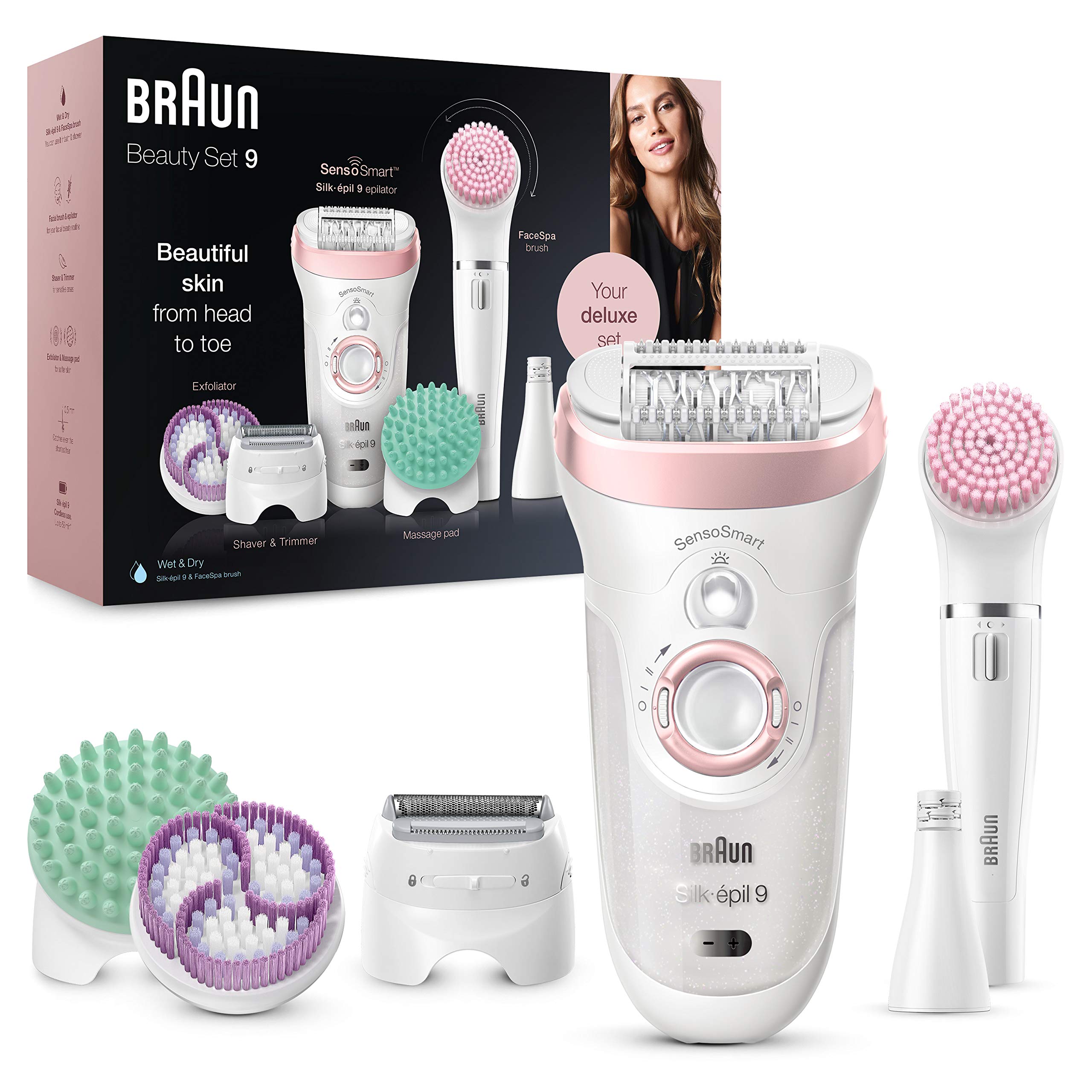 Braun Silk-épil 9 Beauty-Set, Epilierer Damen / Haarentferner, FaceSpa Gesichtshaarentferner, Aufsätze für Rasierer, Peeling, Reinigung Gesicht/Körper, Tasche, 9-995, weiß/flamingo