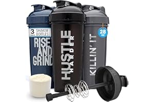 GOMOYO [3-Pack] 28-Ounce Shaker Bottle with Action-Rod Mixer | Protein Shaker Bottle with Motivational Quotes | Shakers for Protein Shakes are BPA Free and Dishwasher Safe | Silver, Blue, & Black
