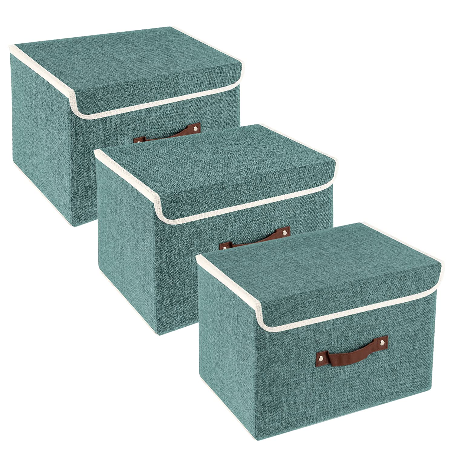 TYEERS Collapsible Storage Box with Lid, Fabric Storage Box for Clothes, Wardrobe Storage, 38x25x25 cm, Set of 3, Aqua Deep