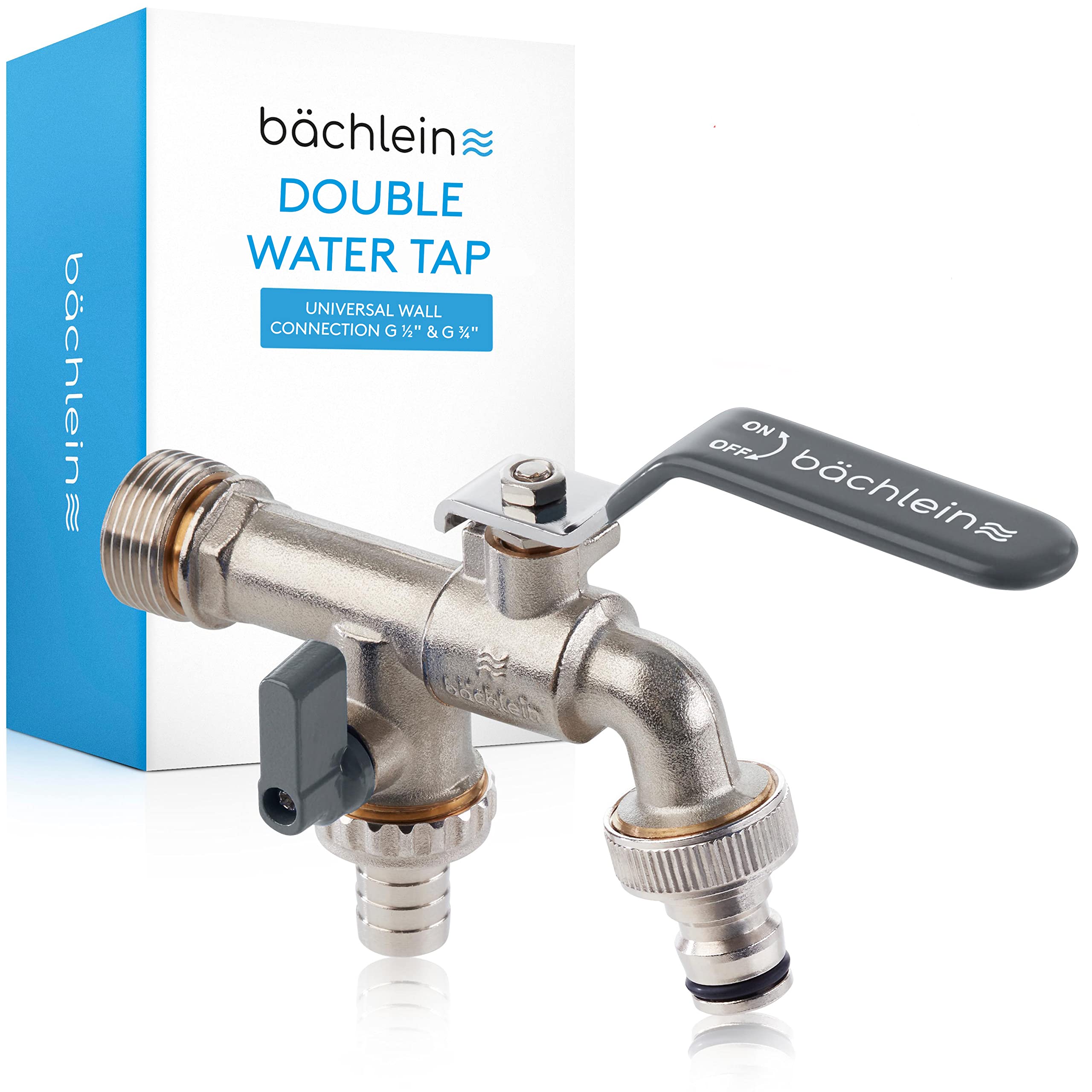 Bächlein Universal Double Outlet Tap for The Garden [Anthracite] incl. 2 Hose Connections - Noble Double Water Tap with 1/2 and 3/4 Inch Connection, Double Ball Outlet Valve