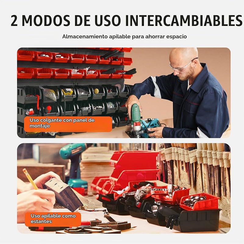 Prateleira de plástico 48 caixas de armazenamento para oficina de garagem com painéis de parede organizador de ferramentas para porcas, parafusos, parafusos, pregos, botões, pequenas peças, preto/vermelho
