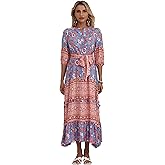 HECCPLI Women 3/4 Sleeves Front Buttons Floral Print Casual Bohemian Maxi Dresses