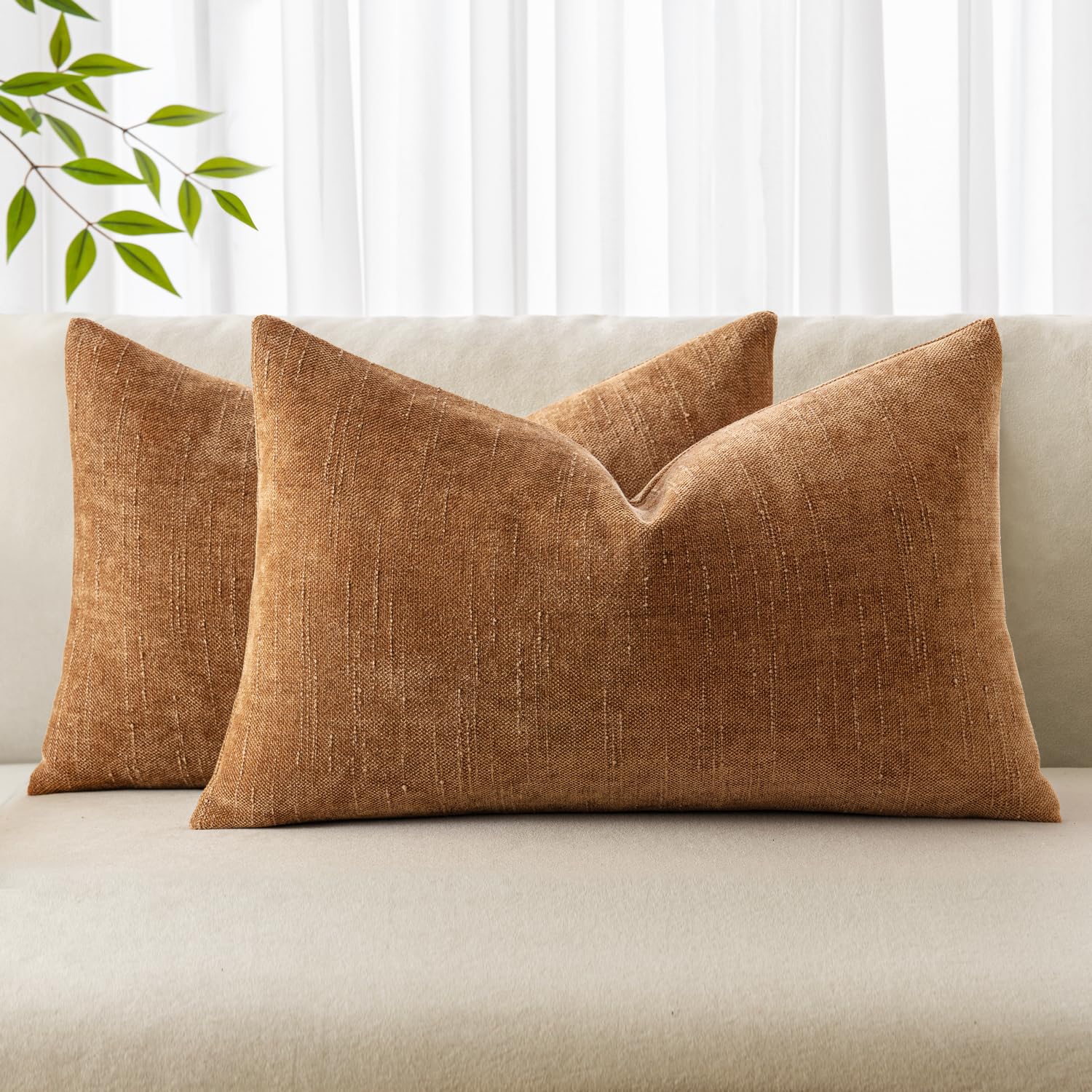 Photo 1 of MIULEE Pack of 2 Decorative Throw Pillow Covers Soft Chenille Throw Pillows Solid Textured Lumbar Cushion Covers for Couch Sofa Bedroom Living Room 12x20 Inch, Brown