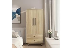 Karl home Armoire Wardrobe Closet 2-Door Storage Pantry Cabinet Modern Wood Closet with 2 Drawers, Hanging Rod, Freestanding Pantry Cabinet for Bedroom, Oak