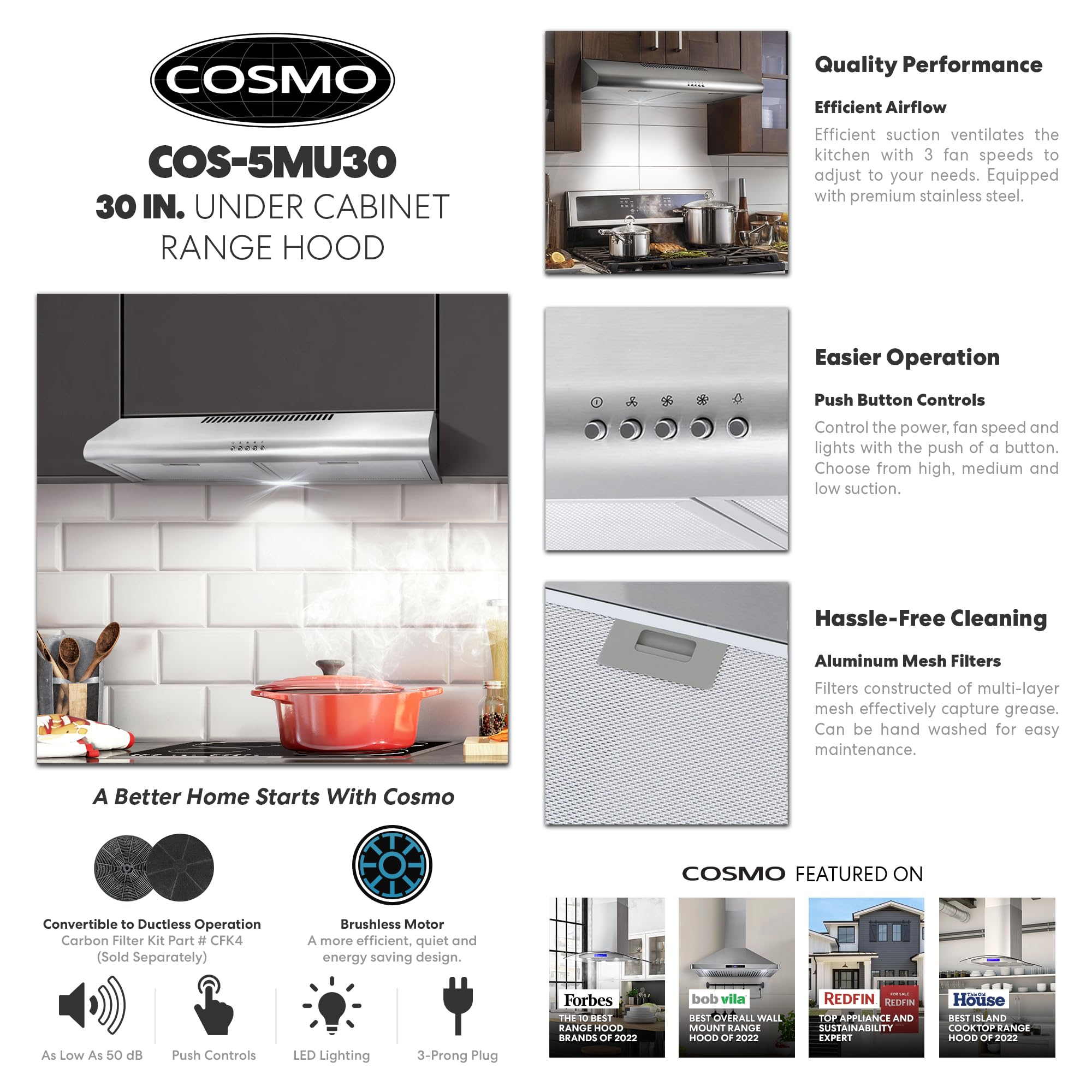 COSMO COS5MU30 30 In. Under Range Hood Ductless Convertible