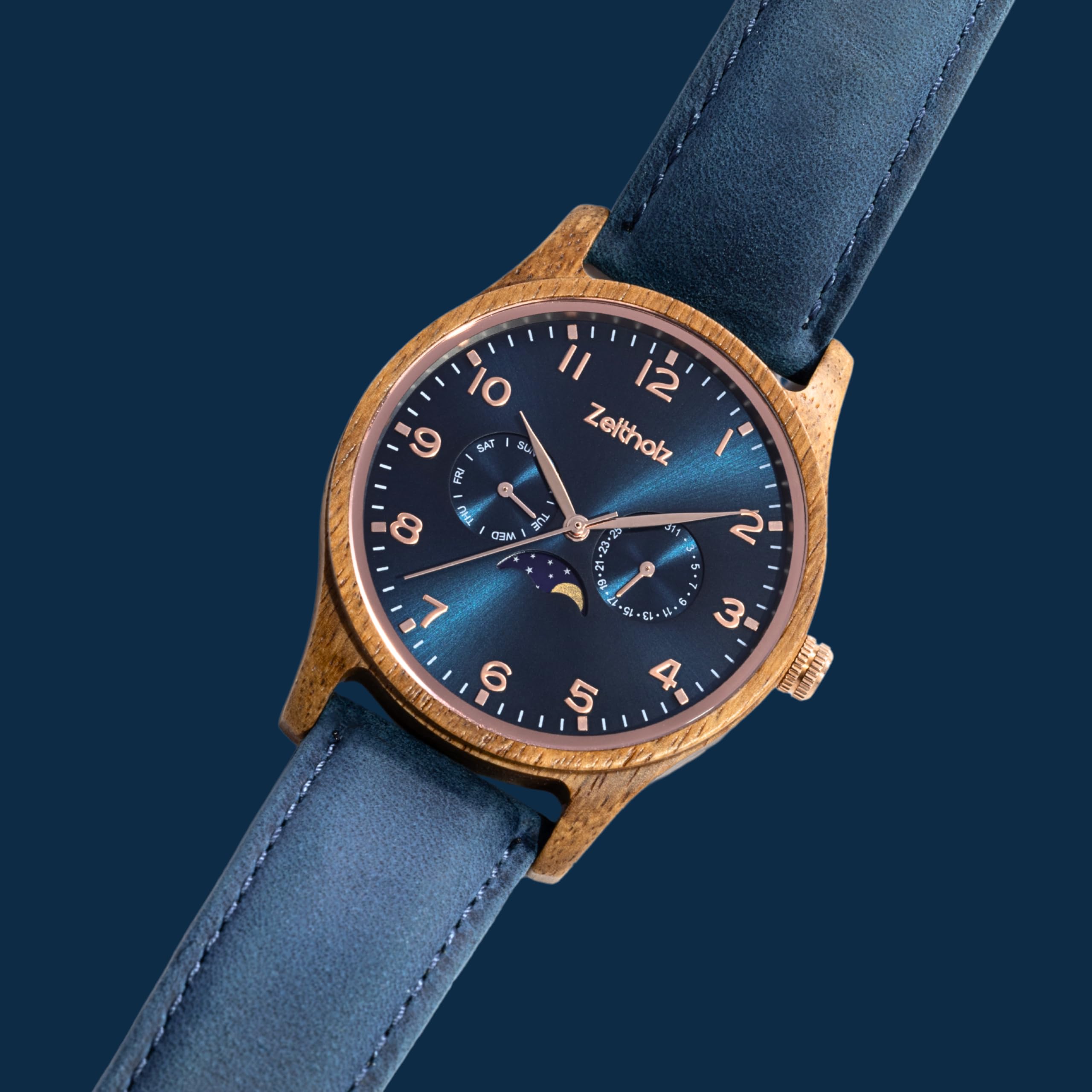 Zeitholz Holzuhr Herren, für Herren, Armbanduhr, Neue Klitten Kollektion, Analog, 42mm, 100% Naturholz mit Japanischem Quarzwerk. Zeitloser Stil, nachhaltiger Luxus. (Blau) 2