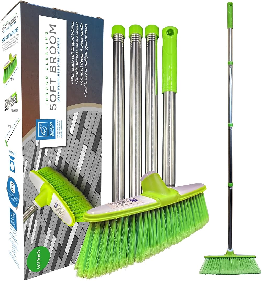 TDBS Soft Broom Indoor Sweeping Brush with Stainless Steel Handle Green