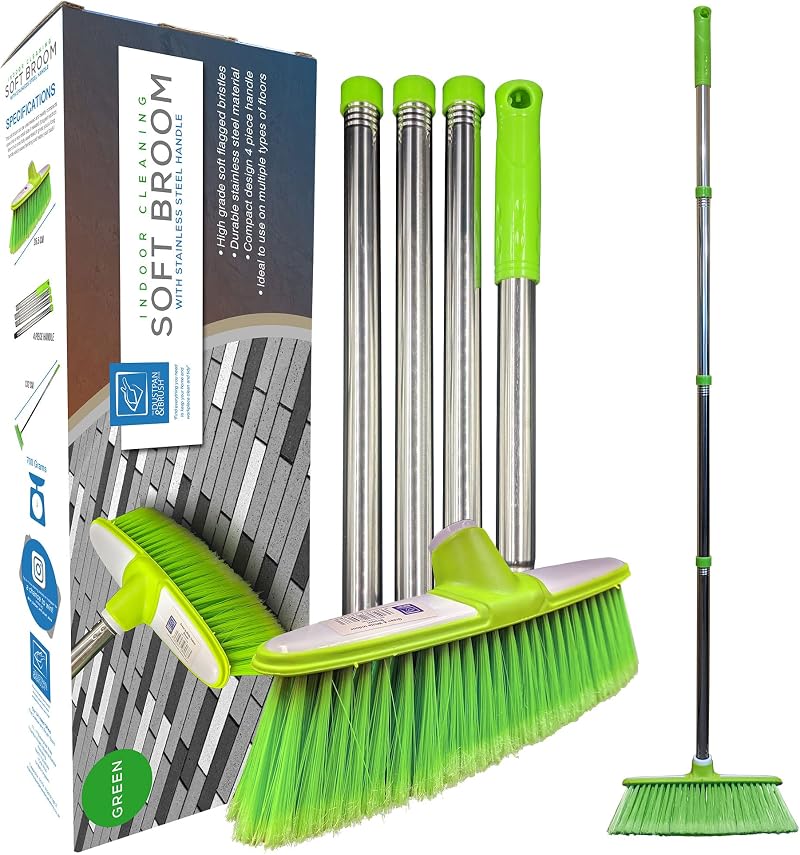 TDBS Soft Broom Indoor Sweeping Brush with Stainless Steel Handle Green