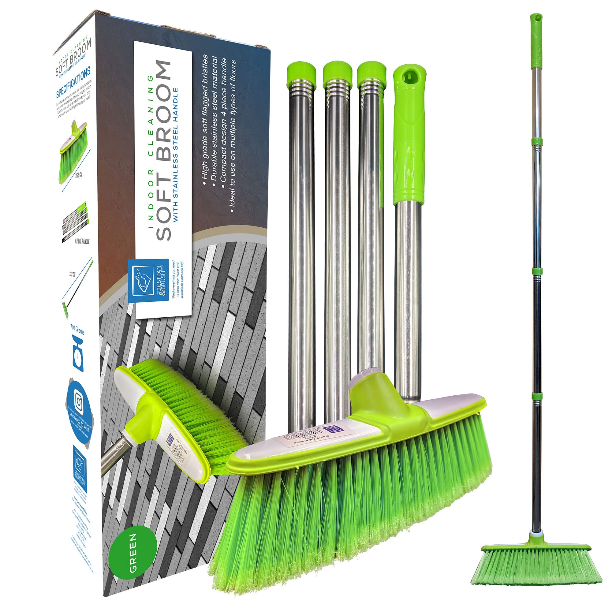 Soft Broom Indoor Sweeping Broom Brush with Stainless Steel Handle - The Perfect Indoor Sweeping Kitchen Floor Brush for Your House - The Long Handled Sweeper (Green)