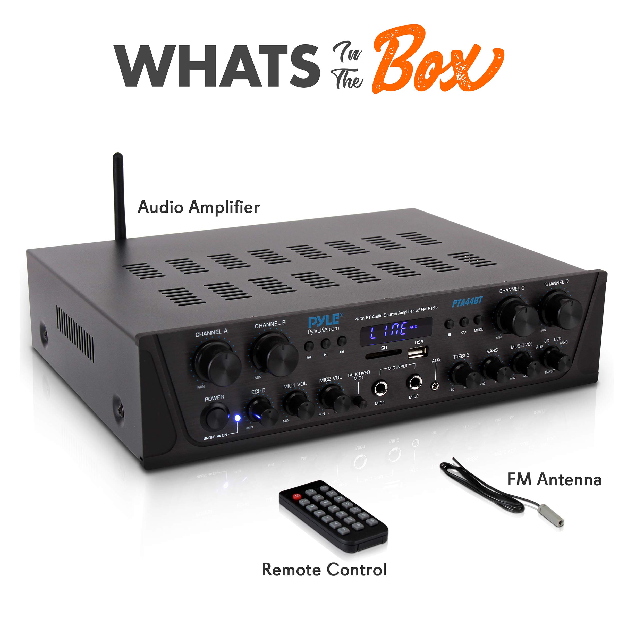 Pyle 500W Karaoke Wireless Bluetooth Amplifier - 4 Channel Stereo Audio Home Theater Speaker Sound Power Receiver w/ AUX IN, FM, RCA Subwoofer Speakers OUT, USB, Microphone IN w/ Echo - Pyle PTA44BT.5