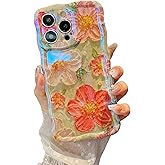 XIZYO Case for iPhone 15 Pro, Colorful Retro Oil Painting Flower Cute Floral Aesthetic Curly Wave Frame Laser Glossy Reflective Exquisite Stylish Protective Cover Women Girls-Flower/Green