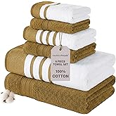 Modern Threads 6-Piece Towel Set – 100% Cotton, Quick Dry, Ultra Absorbent – Includes 2 Bath, 2 Hand, 2 Washcloths (White/Reinhart Amber)