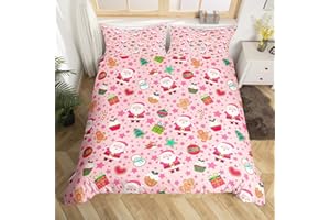 Feelyou Pink Christmas Duvet Cover Full Size Cartoon Santa Claus Gingerbread Man Bedding Set for Boys Girls Snowman Xmas Decor Comforter Cover Reversible Pink Bedroom Decor 3Pcs