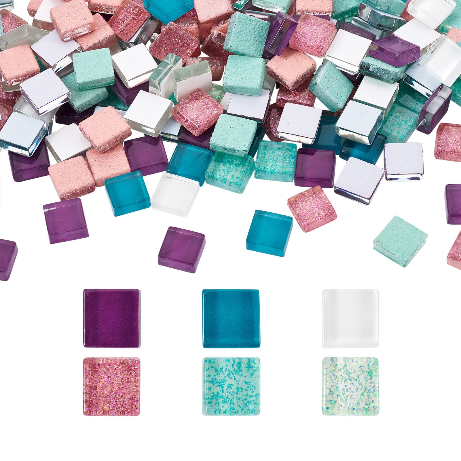 Beadthoven 400pcs Glass Mosaic Tiles Cabochons Square Glitter Crystal Mosaic Glass Decorative Embellishments DIY Craft for Home Garden Decoration, Pink Violet